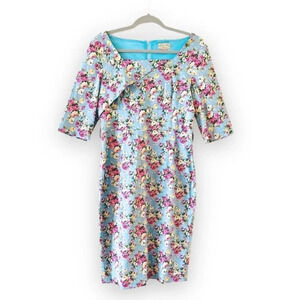 Lindy Bop Blue Floral Retro Style Pencil Dress Cottage Rose VLV Pinup Size Large